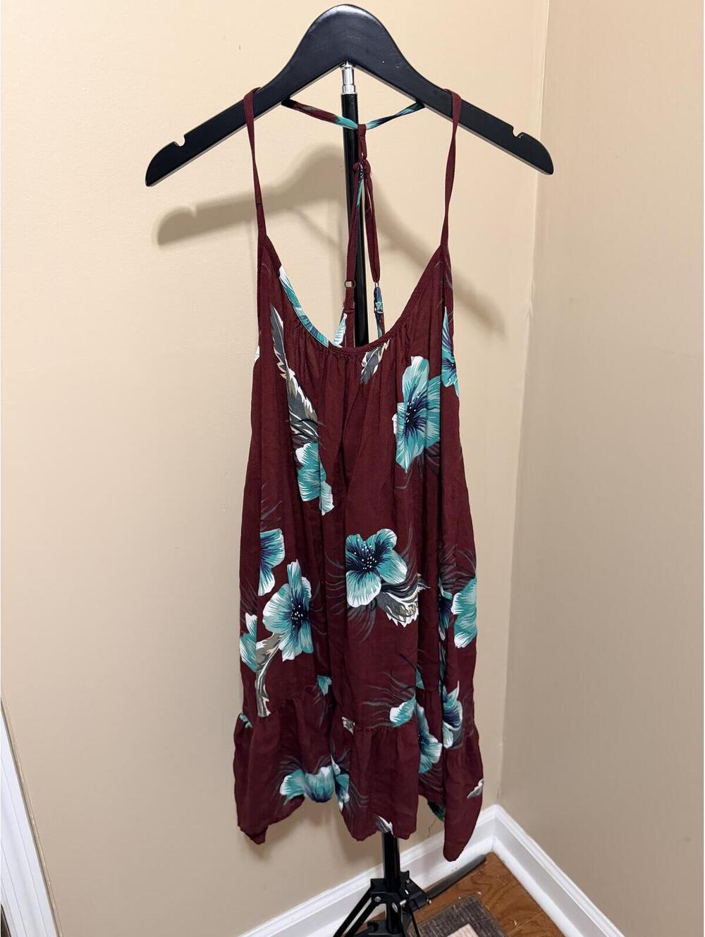 Volcom Floral Swing Tank Top Burgundy Teal Halter Back Boho Medium